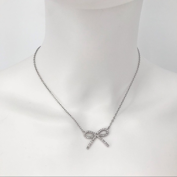 Dainty Bow Faux Diamond Silver Necklace - Picture 1 of 5